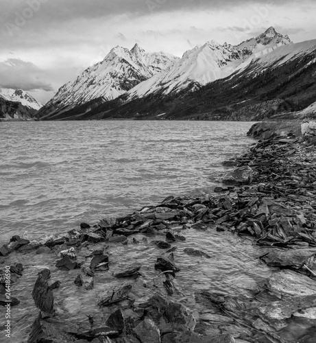 Black and white photo of Ranwu Lake, Tibet, China photo