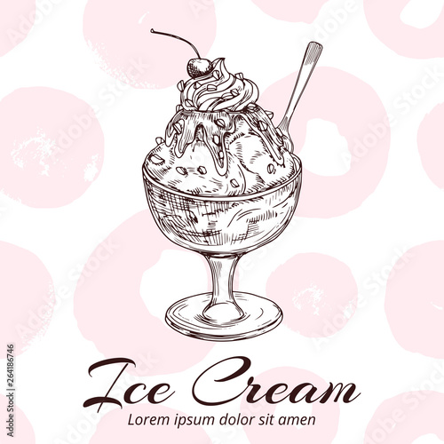 Sketch of ice cream in glass bowl vector illustration. Ice cream sketch with fruit
