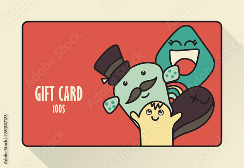 Gift Card. Flat style. Cute kawaii creatures. Vector cartoon illustration.