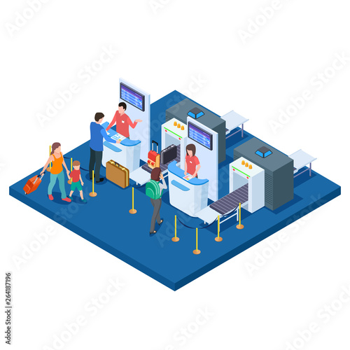 Airport check-in desk, passengers and bags isometric vector concept. Illustration of flight check-in luggage