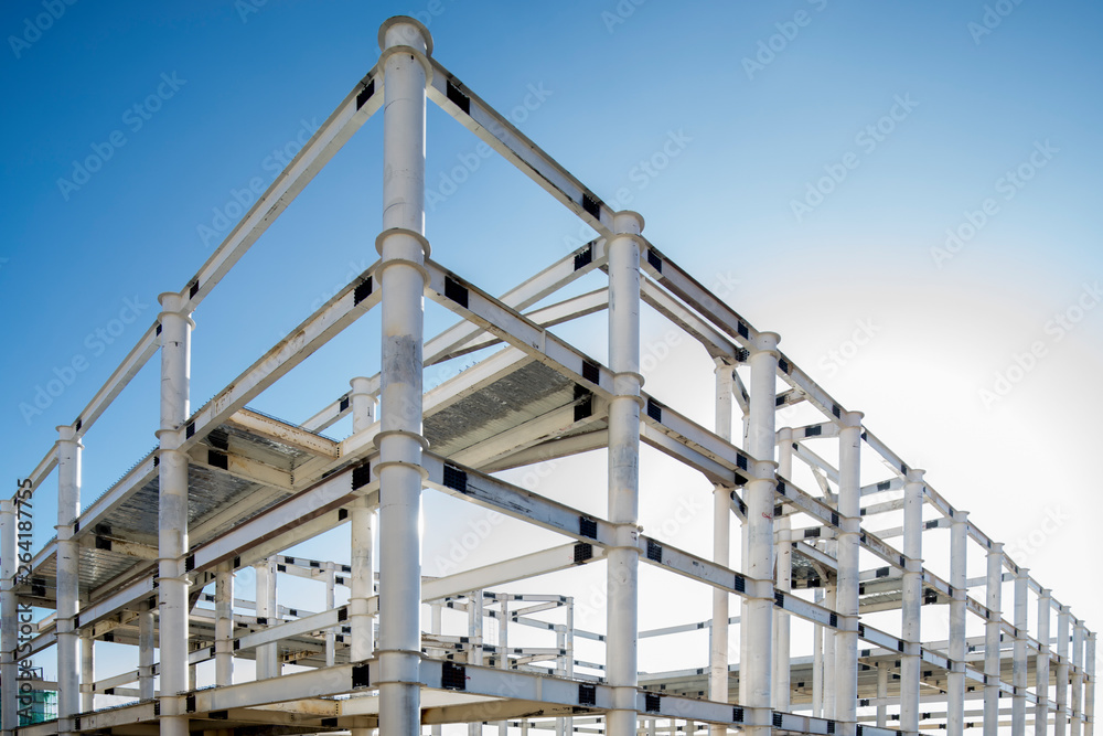 Building a steel structure skeleton to lay the foundation for building a house Building a steel structure skeleton to lay the foundation for building a house