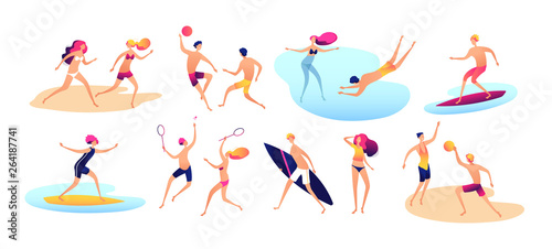 Beach people. Summer vacation family beach active man woman playing sports standing sunbathing walking sea kids isolated vector set. Illustration of woman and man on vacation