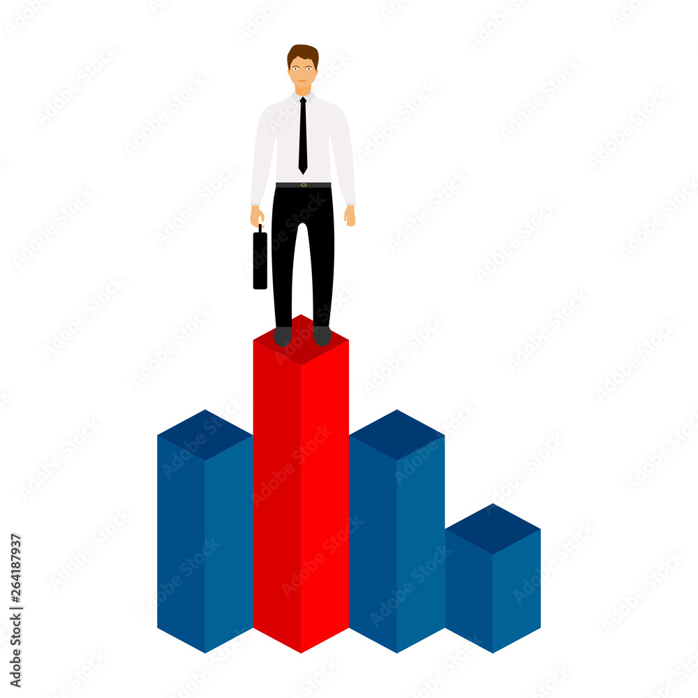 Market share business concept. Businessman with briefcase standing on column chart. Economic financial share profit. Vector illustration in flat design.