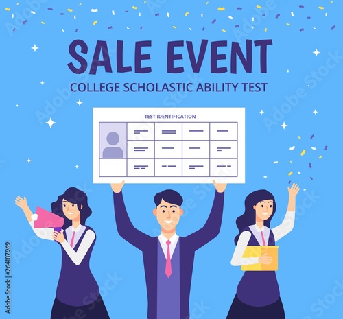 Examinees discount event. Students academic skills college test gift for best students high education entering vector concept. Illustration of discount event, marketing invitation