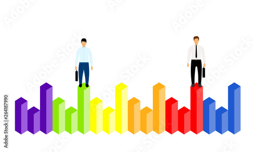 Market share business concept. Businessman with briefcase standing on column chart. Economic financial share profit. Vector illustration in flat design.