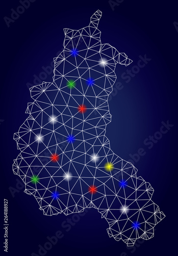 Bright polygonal vector Champagne Province map with glare light spots. Mesh model for patriotic templates. Abstract lines  dots  glare spots are organized into Champagne Province map.