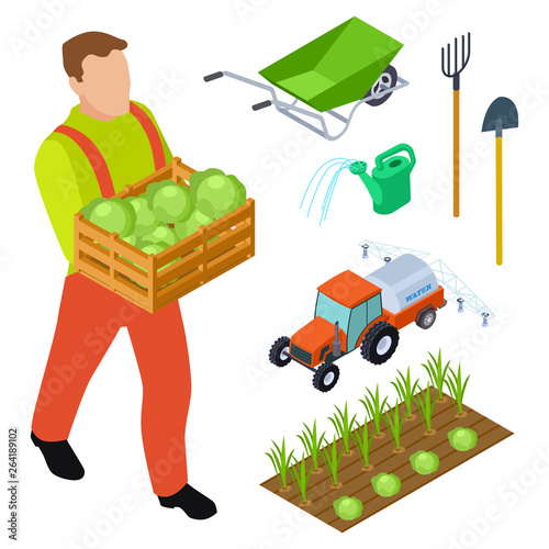 Isometric farmer and gardening equipment vector objects. Illustration of farm isometric, farmer harvesting and farming