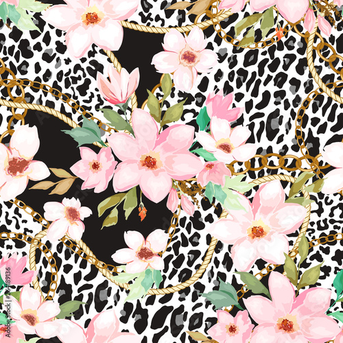 Seamless pattern with gold chain, animal leopard elements and flowers. Vector illustration