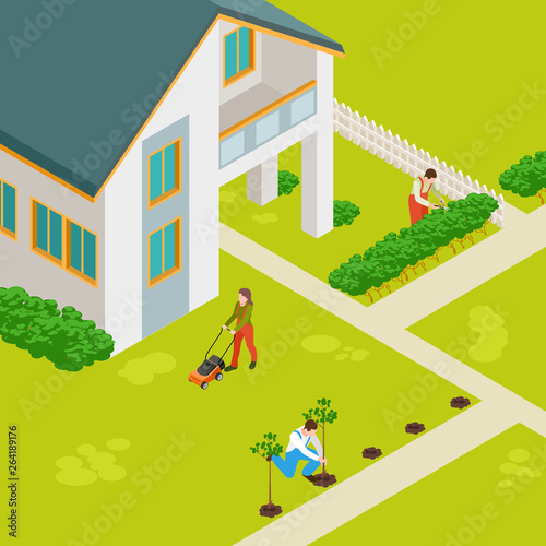 Isometric rural house and gardeners vector concept. Rural house building, countryside outdoor illustration