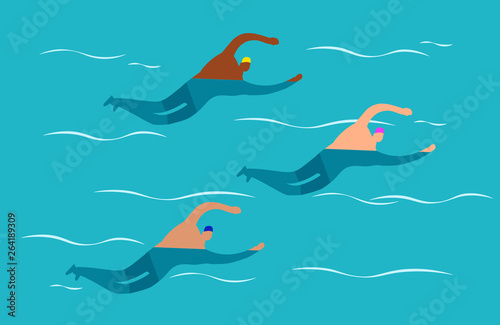 Open water swimming competitions - mens group swimming vector illustration. Men swimming, swimmer activity ocean or sea
