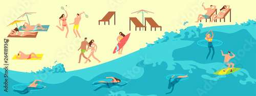 Sunbathing  playing and swimming people in summer beach. Summer time vector illustration. Summer swimming on sea  summertime beach