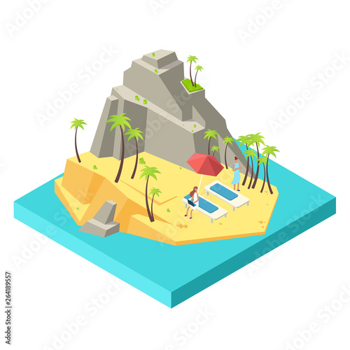 Girls relax and work on the island beach - downshifting and freelance isometric vector concept. Illustration of girl on beach island in sea