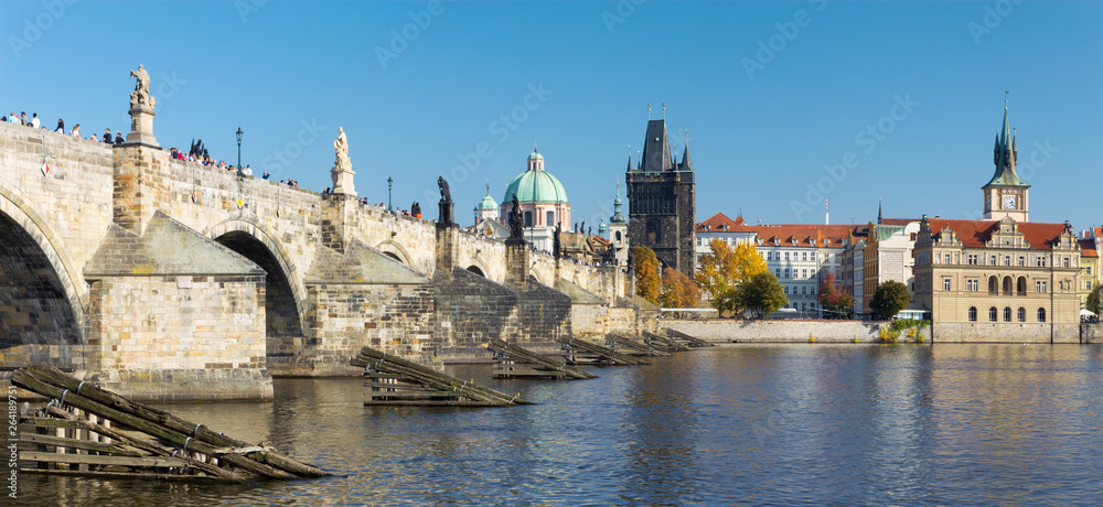 PRAGUE, CZECH REPUBLIC - OCTOBER 13, 2018:  The panorama of Charles bride from west.