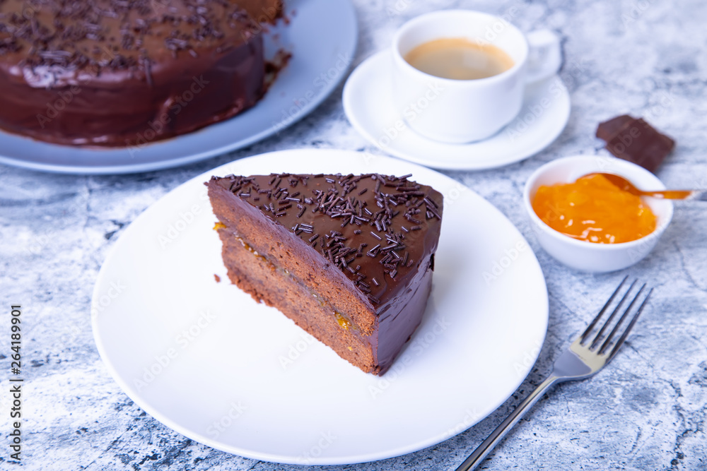 cake. Traditional Austrian chocolate dessert. Homemade baking. Selective focus, close-up. cake. Traditional Austrian chocolate dessert. Homemade baking. Selective focus, close-up.