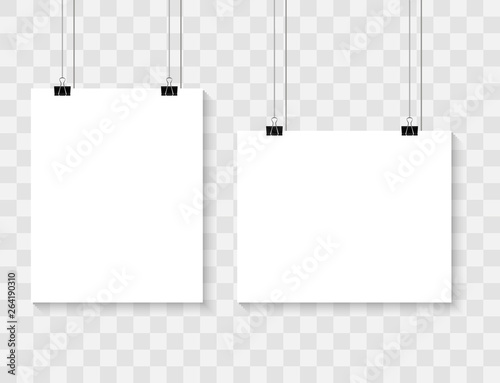 White poster hanging. Mock up empty paper blank. Vertical and horizontal template. Vector illustration