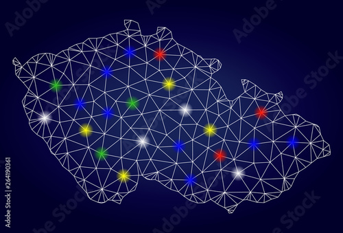 Glossy mesh vector Czech map with glowing light spots. Mesh model for patriotic purposes. Abstract lines  dots  light spots are organized into Czech map. Dark blue gradiented background.