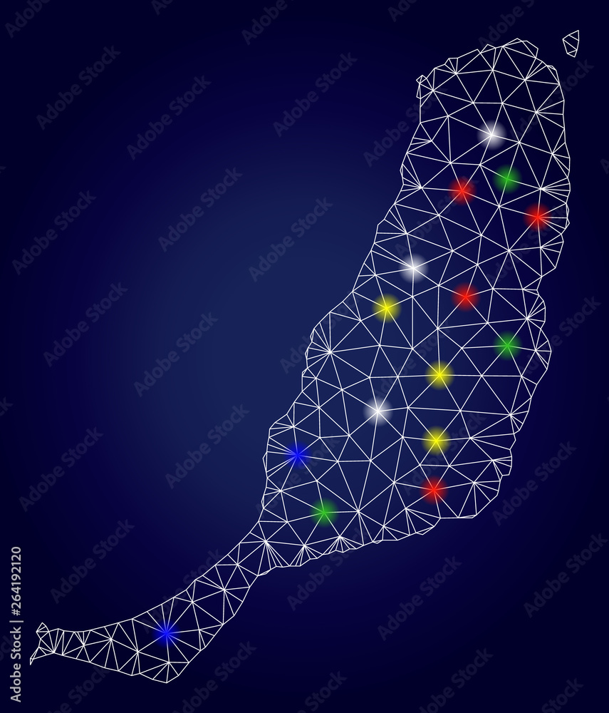 Bright polygonal vector Fuerteventura Island map with glowing light spots. Mesh model for political posters. Abstract lines, dots, flash spots are organized into Fuerteventura Island map.