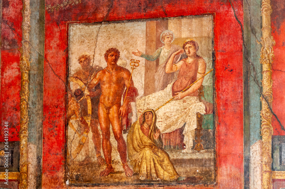 Pompeii, the best preserved archaeological site in the world, Italy. Frescoes on the interior wall at home destroyed by eruption vesuvio 79 ad.