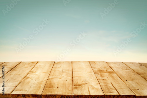 desk of free space and blurred beach background. 