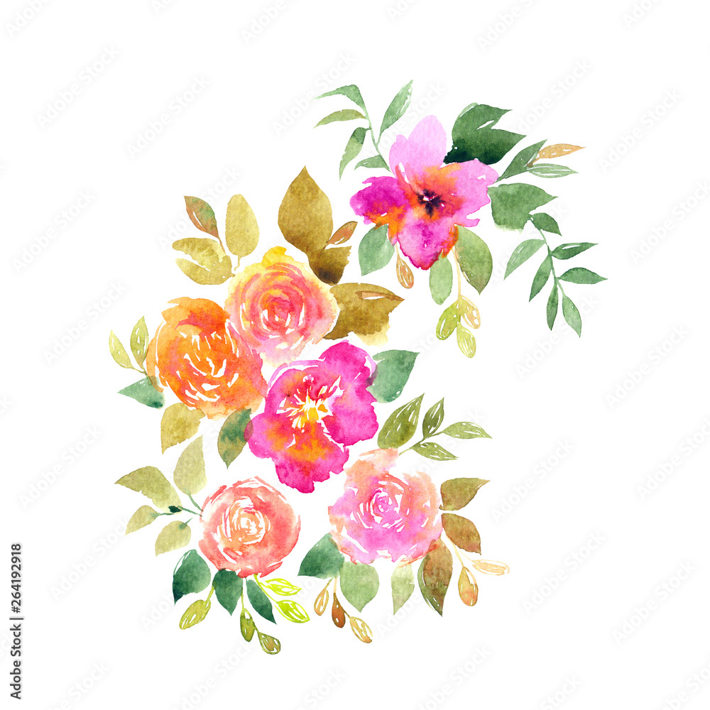 Fototapeta premium Watercolor roses bouquet. Floral wedding decor. Drawing flowers for greeting card decor.