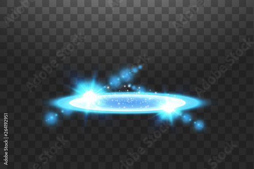 Futuristic teleport. Magic fantasy portal. Light effect. Blue candles rays of a night scene with sparks on a transparent background. Empty light effect of the podium. Disco club dancefloor.