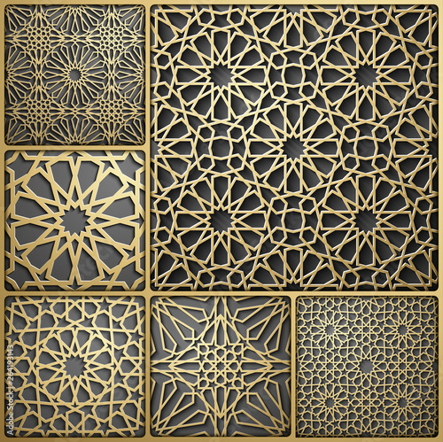 Islamic ornament vector , persian motiff . 3d ramadan islamic round pattern elements . Geometric circular ornamental arabic symbol vector . Gold background