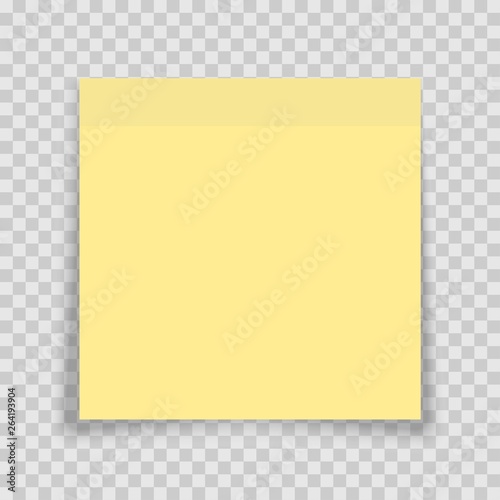 Yellow sticky note with shadow on transparent background. Adhesive office reminder note paper icon. Mock up template for your design.