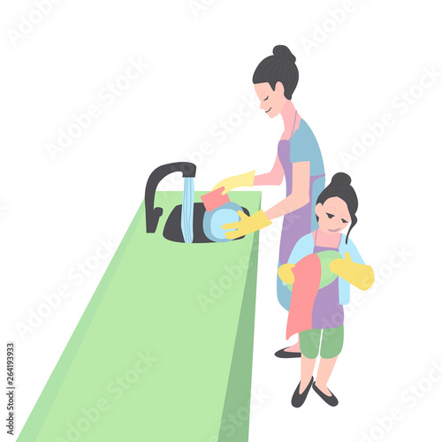 mother and daughter washing dishes. Woman and girl