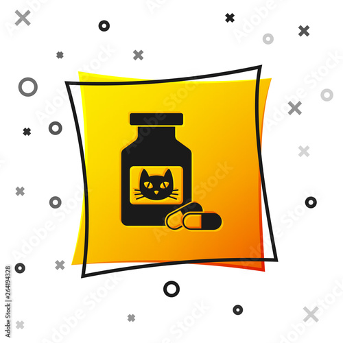 Black Cat medicine bottle and pills icon isolated on white background. Container with pills. Prescription medicine for animal. Yellow square button. Vector Illustration