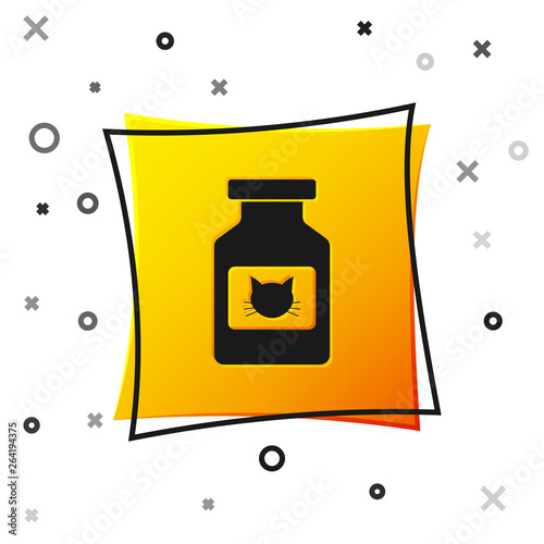Black Cat medicine bottle icon isolated on white background. Container with pills. Prescription medicine for animal. Yellow square button. Vector Illustration