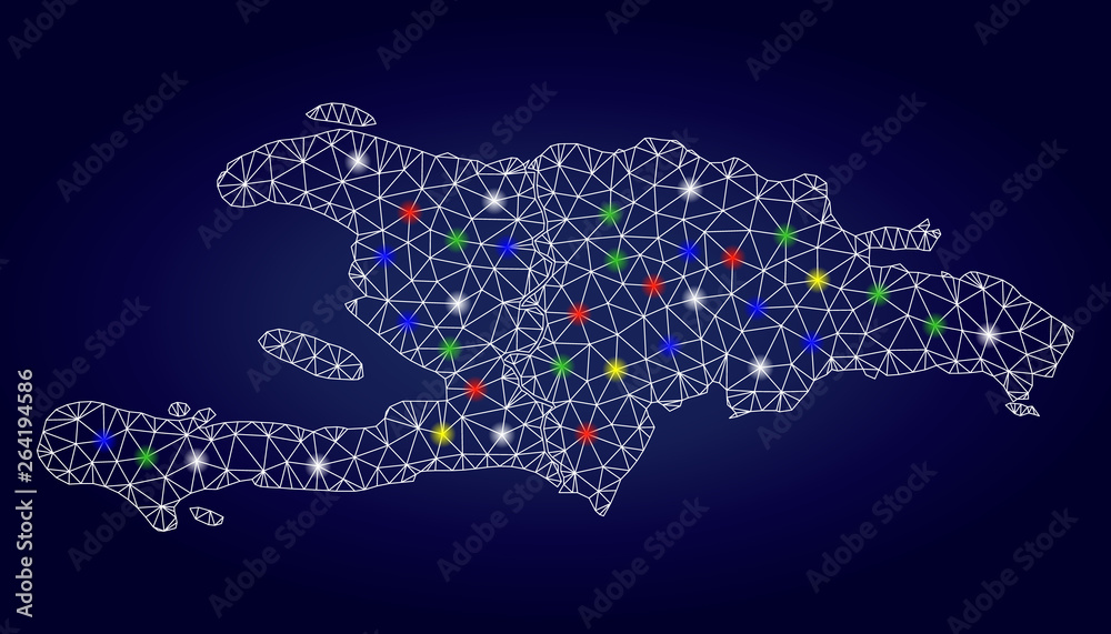 Glamour mesh vector Haiti and Dominican Republic map with glare light spots. Mesh model for patriotic posters. Abstract lines, dots, glare spots are organized into Haiti and Dominican Republic map.