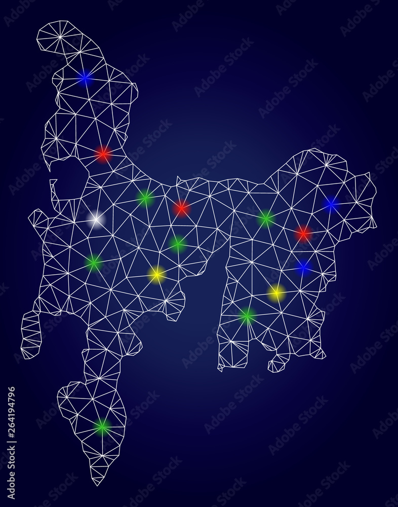 Bright mesh vector Hamilton Island map with glowing light spots. Mesh model for political posters. Abstract lines, dots, flash spots are organized into Hamilton Island map.