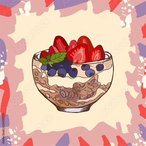 Parfait dessert with granola, blueberry, strawberry and yogurt sketch style image. Hand drawn vector illustration. Isolated menu design item