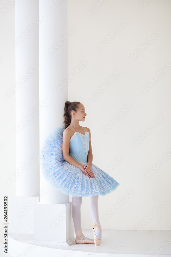 A cute ballerina in ballet costume and in pointe is dancing in a white studio. Girl in the dance class. The girl is studying ballet. Ballerina is dancing. Beautiful dancer practicing by the mirror. A cute ballerina in ballet costume and in pointe is dancing in a white studio. Girl in the dance class. The girl is studying ballet. Ballerina is dancing. Beautiful dancer practicing by the mirror.
