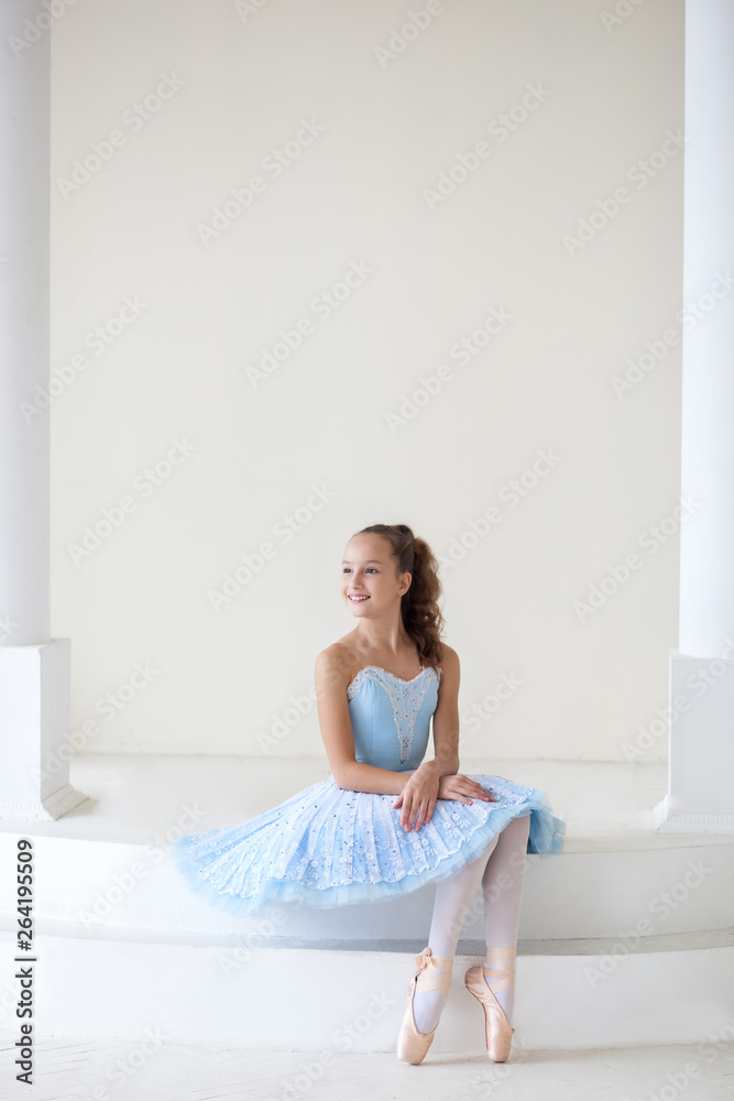 A cute ballerina in ballet costume and in pointe is dancing in a white studio. Girl in the dance class. The girl is studying ballet. Ballerina is dancing. Beautiful dancer practicing by the mirror. A cute ballerina in ballet costume and in pointe is dancing in a white studio. Girl in the dance class. The girl is studying ballet. Ballerina is dancing. Beautiful dancer practicing by the mirror.