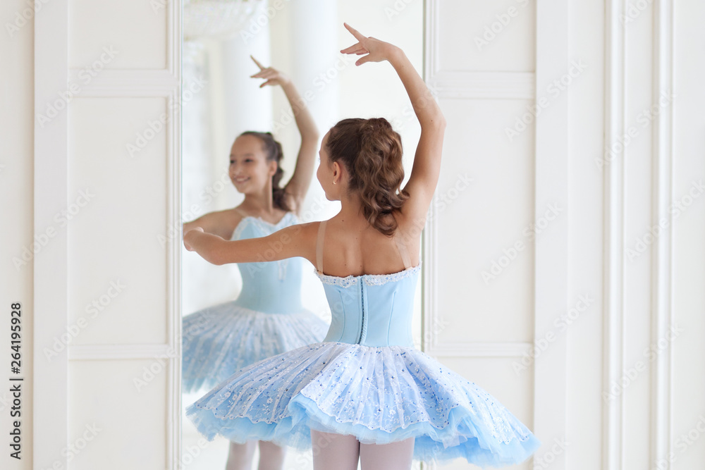 Fototapeta premium A cute ballerina in ballet costume and in pointe dances near the mirror. Girl in the dance class. The girl is studying ballet. Ballerina is dancing. The dancer is training at the mirror.
