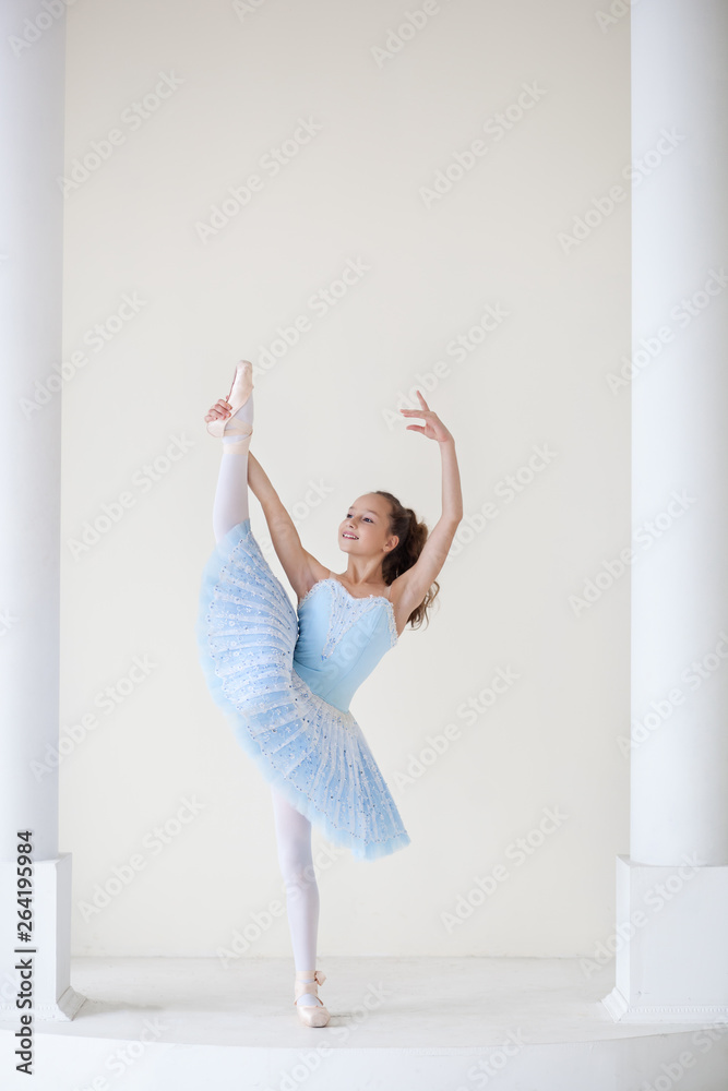 A cute ballerina in ballet costume and in pointe is dancing in a white studio. Girl in the dance class. The girl is studying ballet. Ballerina is dancing. Beautiful dancer practicing by the mirror.