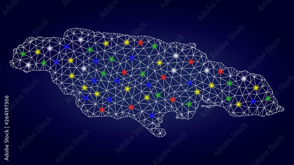 Glamour mesh vector Jamaica map with glare light spots. Mesh model for patriotic templates. Abstract lines, dots, glare spots are organized into Jamaica map. Dark blue gradiented background.