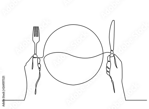 continuous line drawing of top view of the plate with hands holding a knife and fork in the white background, ready to eat
