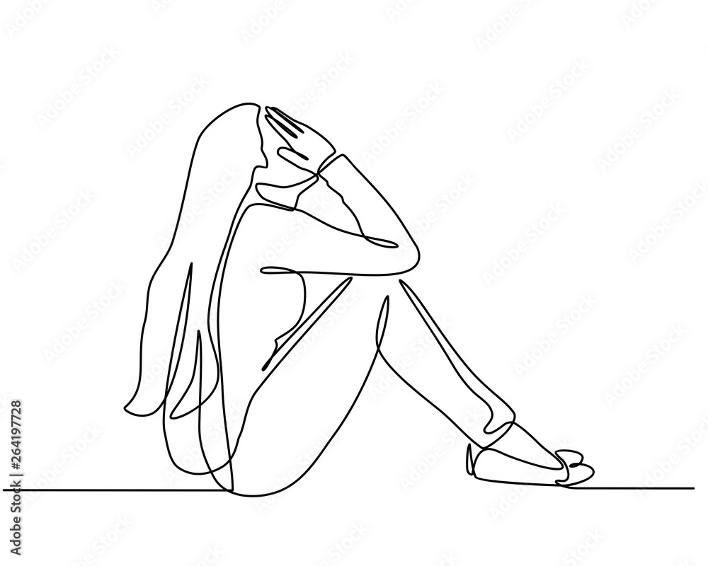 Continuous line drawings of young woman feeling sad, tired and worried about suffering from depression in mental health. problems, failures and concepts of heartbreak