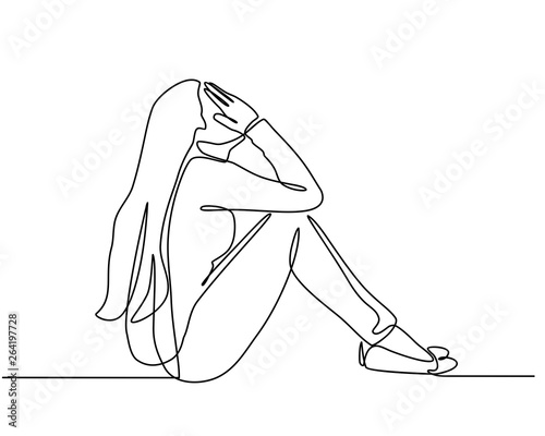 Continuous line drawings of young woman feeling sad, tired and worried about suffering from depression in mental health. problems, failures and concepts of heartbreak
