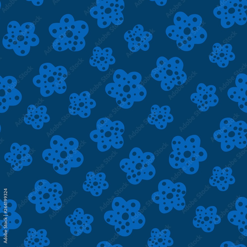 Seamless repeat pattern with flowers on blue background.