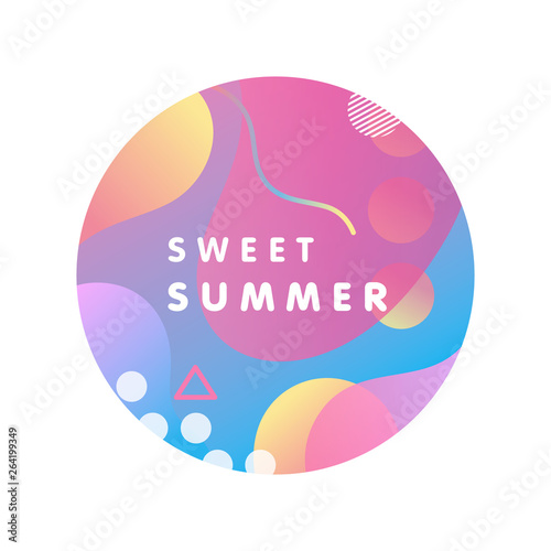 Unique artistic design card - sweet summer with bright gradient background,shapes and geometric elements in memphis style.Bright poster perfect for prints,flyers,banners,invitations and more.