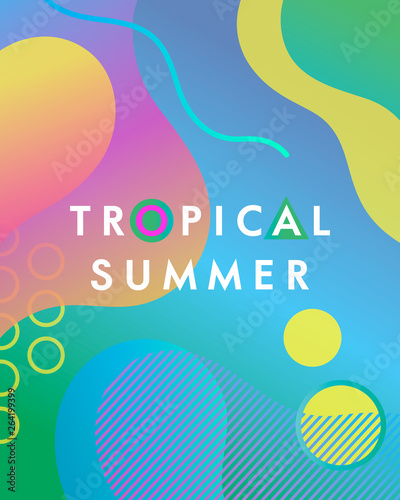 Unique artistic card - tropical summer with bright gradient background,shapes and geometric elements in memphis style.Bright summer poster perfect for prints,flyers,banners,invitations and more.