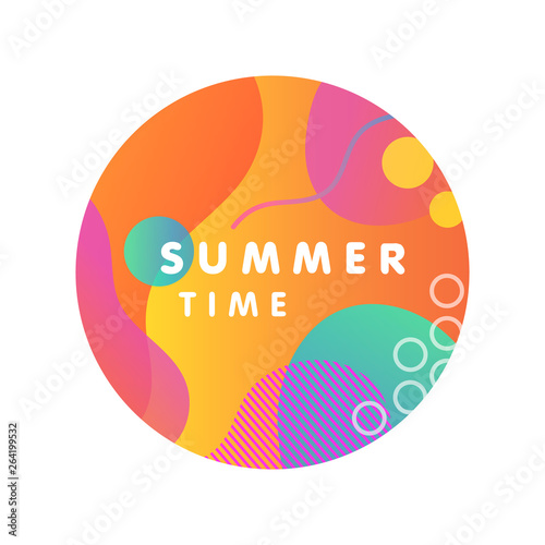 Unique artistic design card - summer time with bright gradient background,shapes and geometric elements in memphis style.Bright poster perfect for prints,flyers,banners,invitations,web and more.