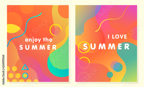 Unique artistic summer cards with bright gradient background,shapes and geometric elements in memphis style.Abstract design cards perfect for prints,flyers,banners,invitations,special offer and more.