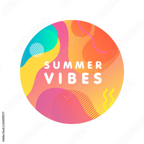 Unique artistic design card - summer vibes with bright gradient background,shapes and geometric elements in memphis style.Bright poster perfect for prints,flyers,banners,invitations,web and more.