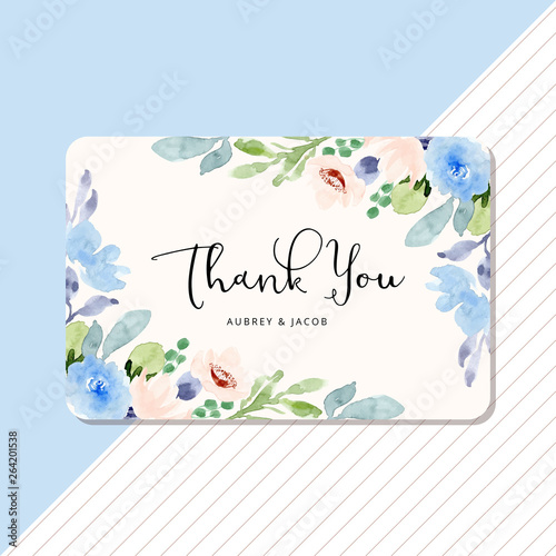 thank you card with blue peach floral watercolor frame