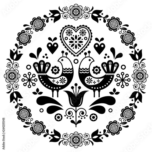 Folk art vector round ornamental frame with birds, hearts, and flowers, Scandinavian design in circle, floral composition