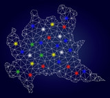 Bright mesh vector Lombardy region map with glowing light spots. Lowpoly model for patriotic purposes. Abstract lines, dots, flash spots are organized into Lombardy region map.